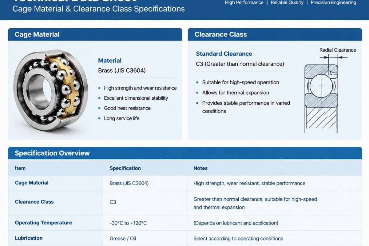 Technical datasheet excerpt highlighting cage material and clearance class specifications