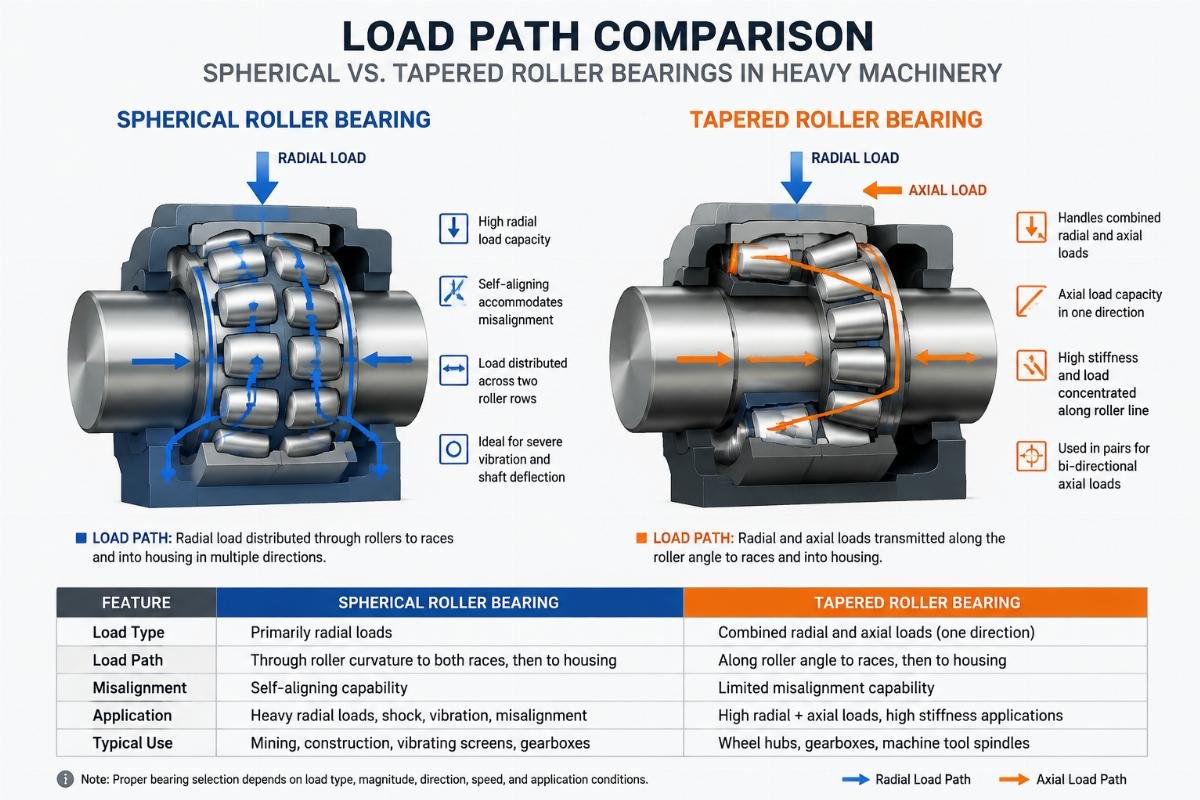 Technical diagram comparing load paths in spherical versus tapered roller bearings for heavy machinery