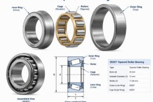 Technical diagram of a 30207 tapered roller bearing showing inner ring, outer ring, rollers, and cage assembly