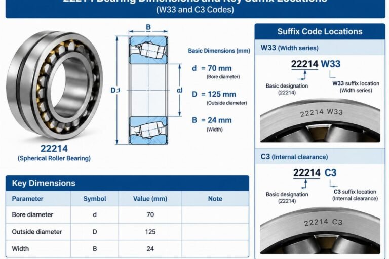 Technical diagram showing 22214 bearing dimensions and key suffix locations for W33 and C3 codes