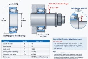 Technical diagram showing 30208 bearing dimensions and critical shaft shoulder height requirements