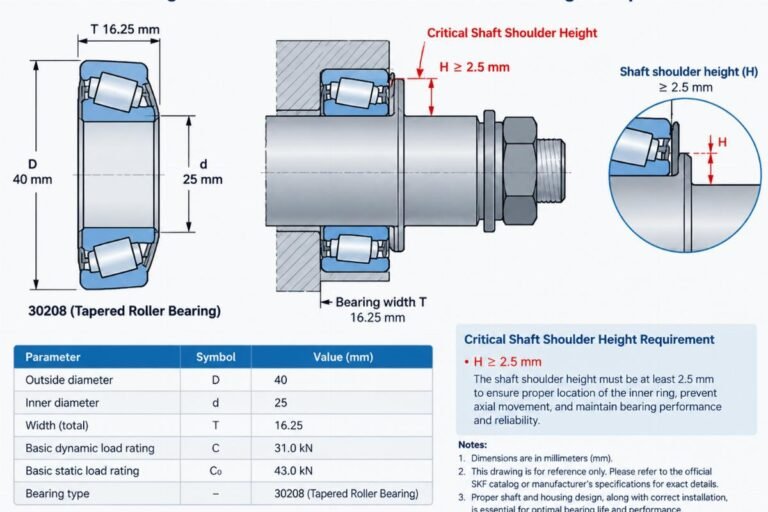 Technical diagram showing 30208 bearing dimensions and critical shaft shoulder height requirements