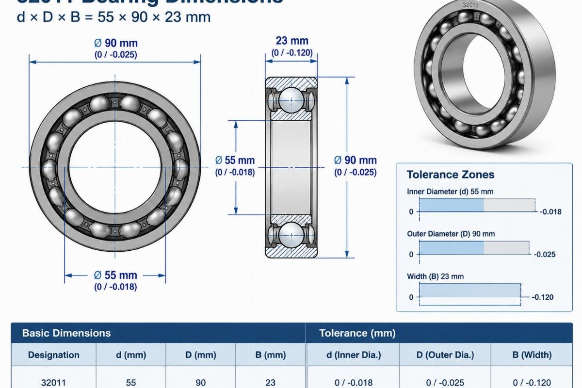 Technical diagram showing 32011 bearing dimensions with 55x90x23mm labels and tolerance zones