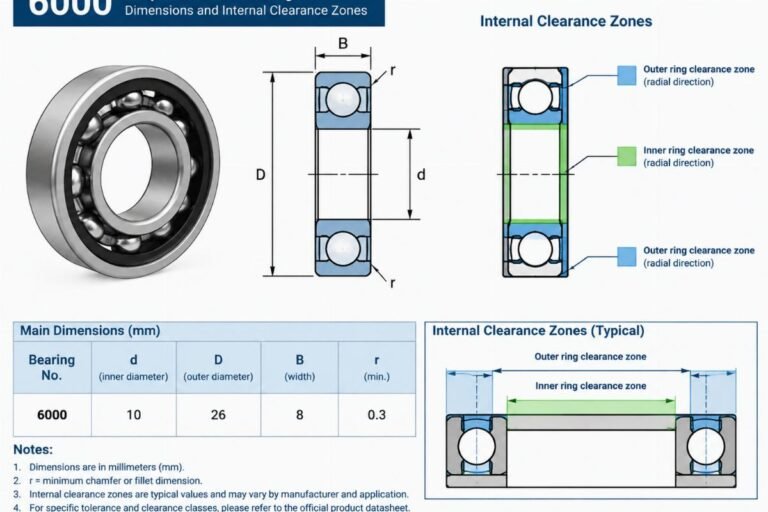 Technical diagram showing 6000 bearing dimensions and internal clearance zones