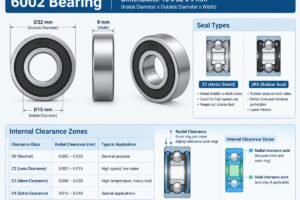 Technical diagram showing 6002 bearing dimensions 15x32x9mm with callouts for seal types and internal clearance zones