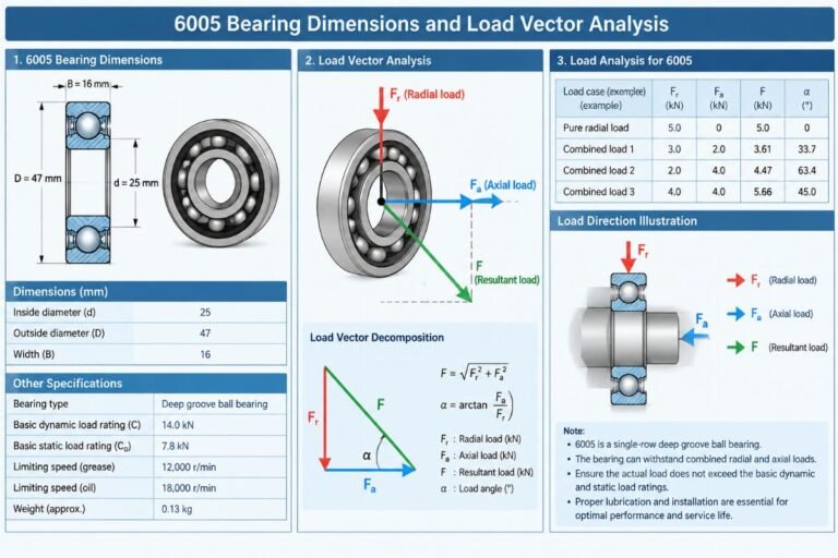 Technical diagram showing 6005 bearing dimensions and load vector analysis