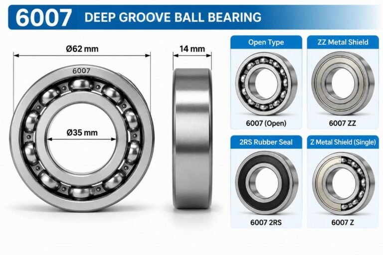 Technical diagram showing 6007 bearing dimensions and seal types