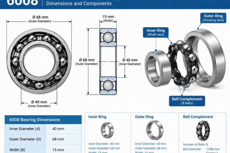 Technical diagram showing 6008 bearing dimensions with annotations for inner ring, outer ring, and ball complement