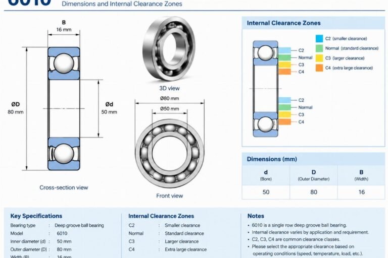 Technical diagram showing 6010 deep groove ball bearing dimensions and internal clearance zones