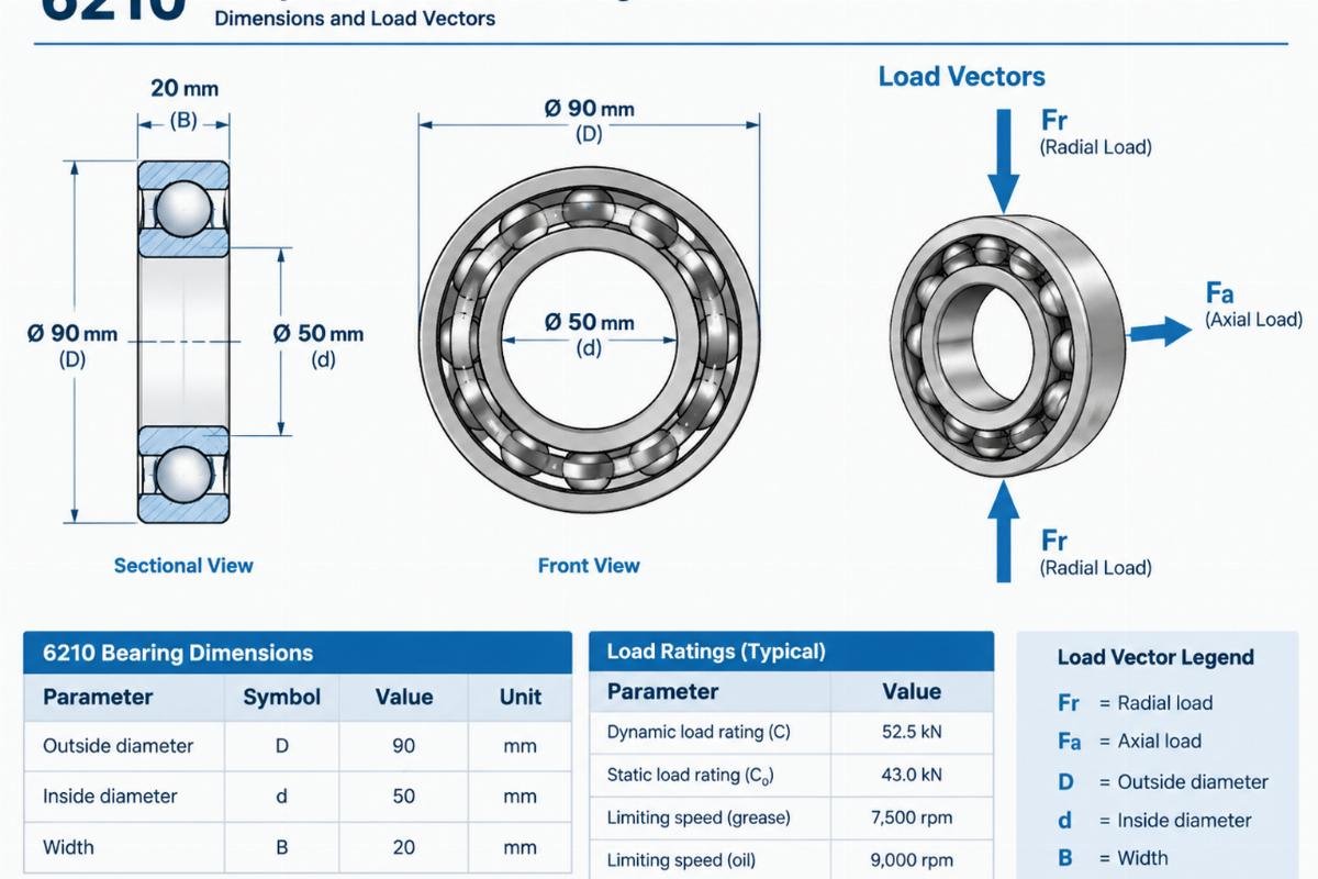 Technical diagram showing 6210 bearing dimensions and load vectors