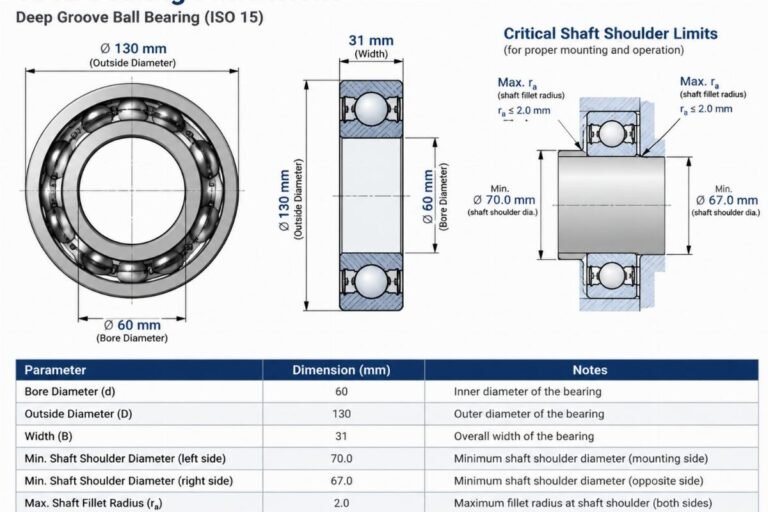 Technical diagram showing 6312 bearing dimensions including bore, outside diameter, width, and critical shaft shoulder limits