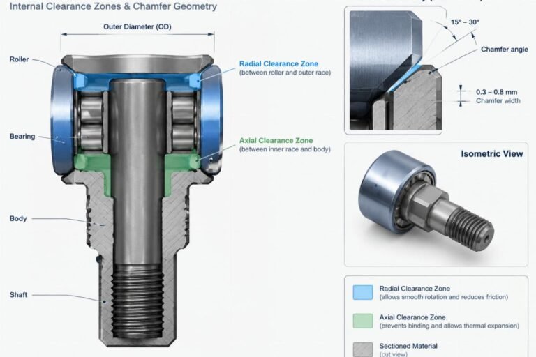 Technical diagram showing cross-section of cam follower highlighting internal clearance zones and chamfer geometry