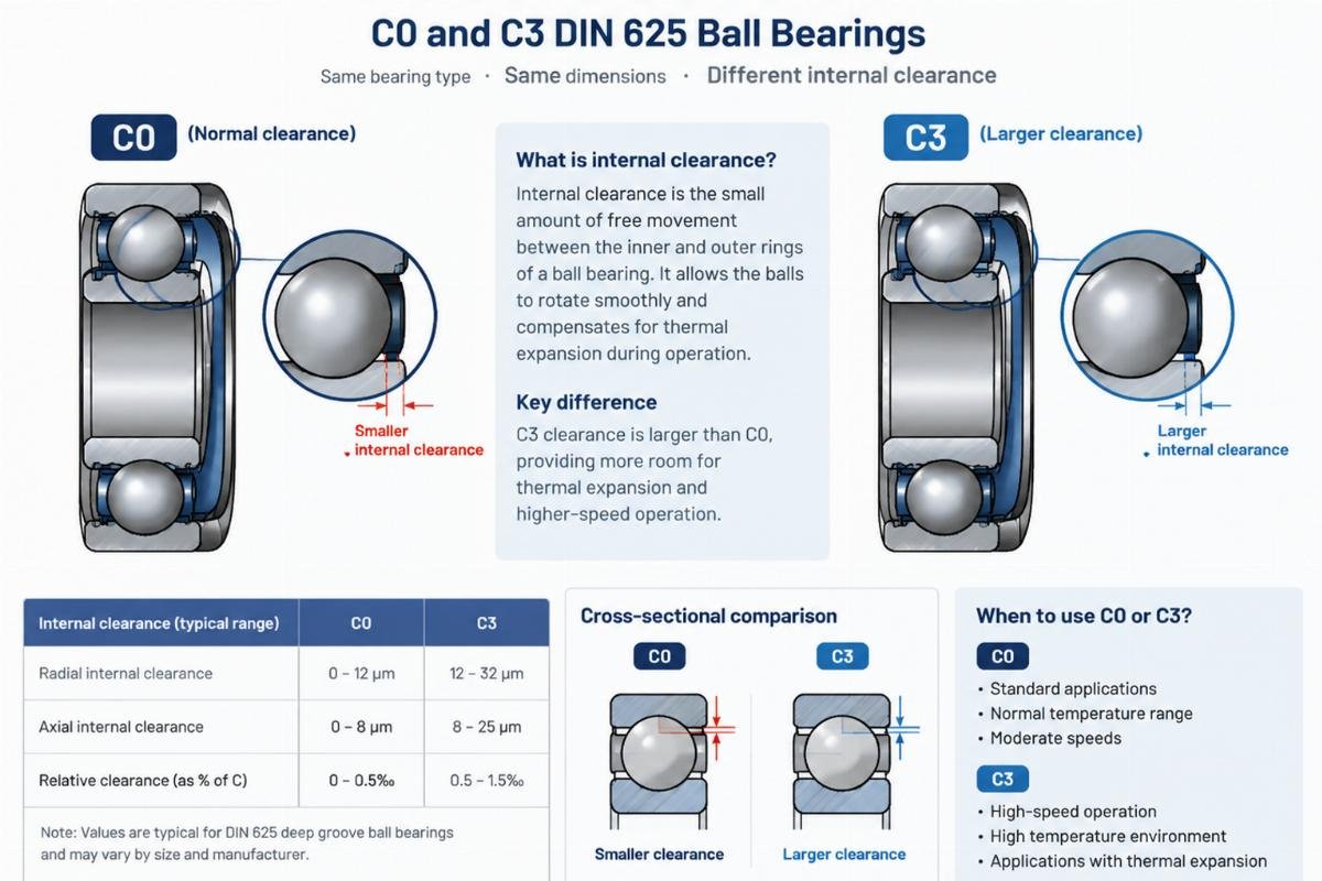 Technical diagram showing internal clearance differences between C0 and C3 DIN 625 ball bearings