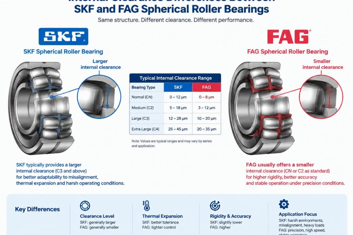 Technical diagram showing internal clearance differences between SKF and FAG spherical roller bearings
