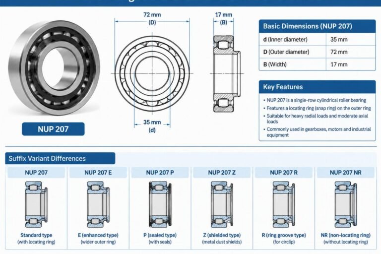 Technical diagram showing NUP 207 bearing dimensions 35x72x17mm and suffix variant differences