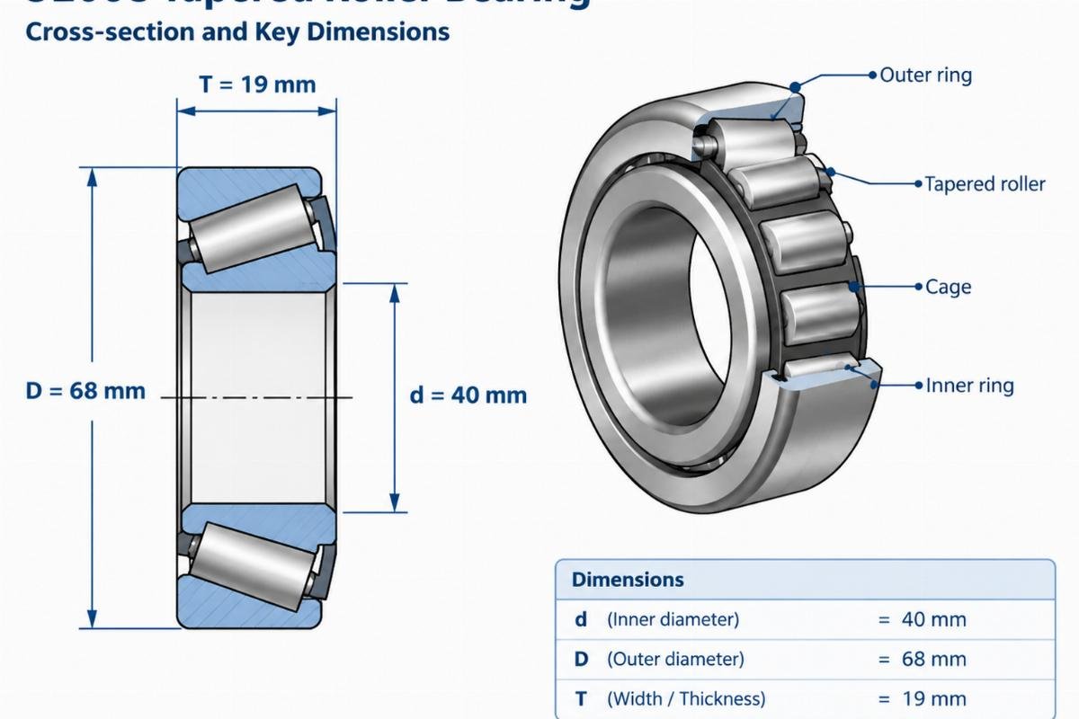 Technical diagram showing the cross-section of a 32008 tapered roller bearing with labeled dimensions d=40mm, D=68mm, and T=19mm