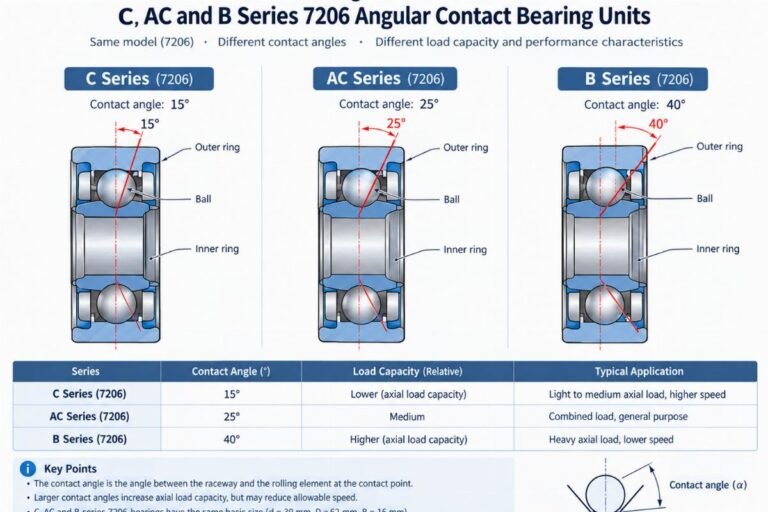 Technical diagram showing the internal contact angle differences between C, AC, and B series 7206 angular contact bearing units
