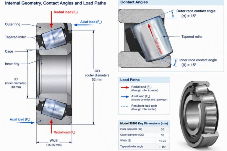 Technical diagram showing the internal geometry of a 30206 tapered roller bearing with labeled contact angles and load paths