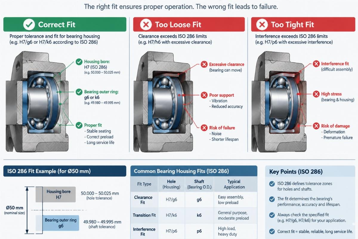 Technical illustration showing the difference between correct and incorrect bearing housing fits according to ISO 286 standards