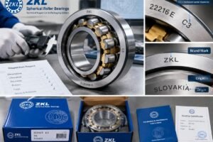 Technical inspection of ZKL spherical roller bearings showing clearance code markings and packaging details