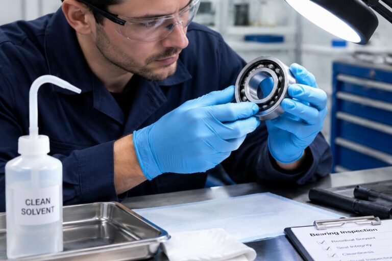 Technician inspecting a cleaned bearing for residual solvent and seal integrity under bright light