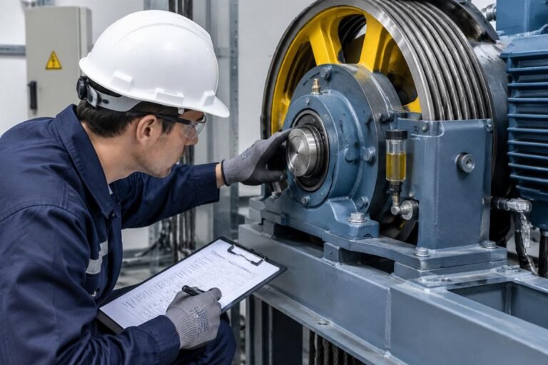 Technician inspecting elevator traction machine bearing alignment and lubrication status