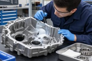 Technician inspecting gearbox housing cleanliness before bearing installation