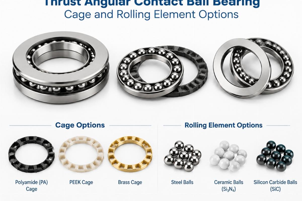 Thrust angular contact ball bearing cage and rolling element options