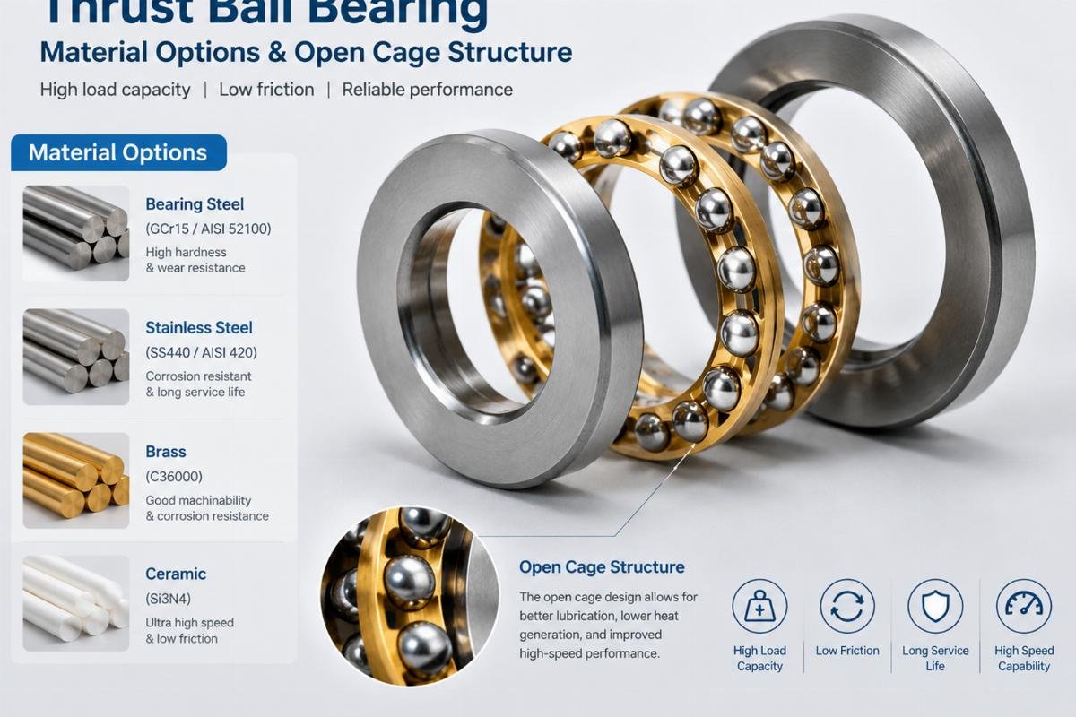thrust ball bearing material options and open cage structure