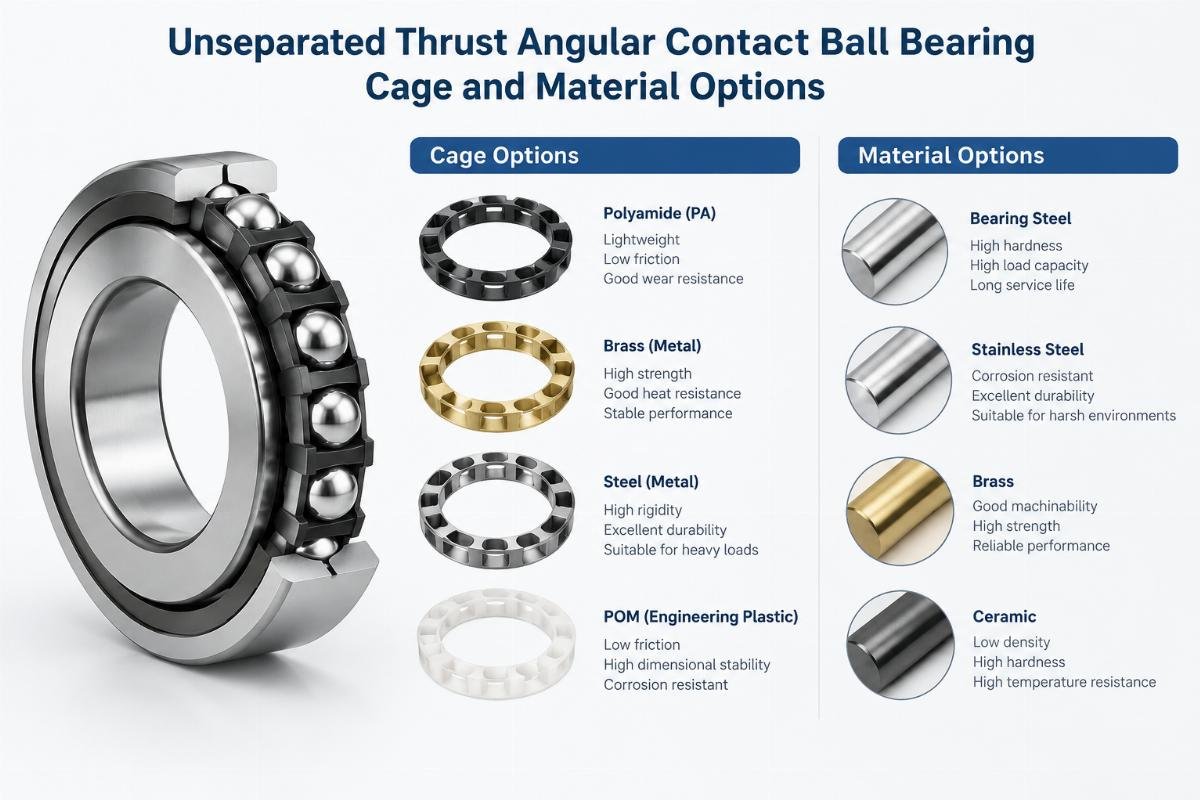 Unseparated thrust angular contact ball bearing cage and material options