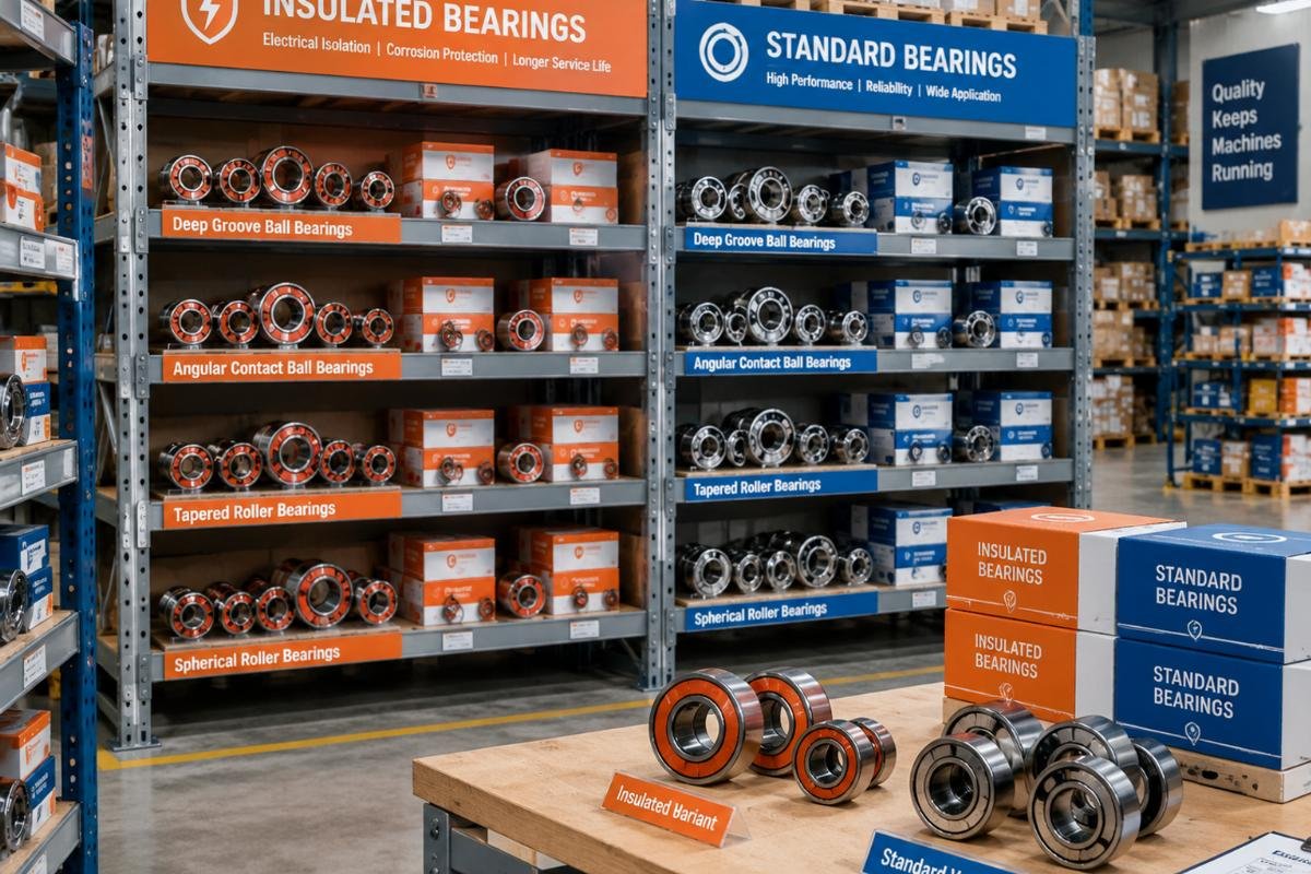 Warehouse scene showing organized stock of various bearing types with clear labeling for insulated and standard variants