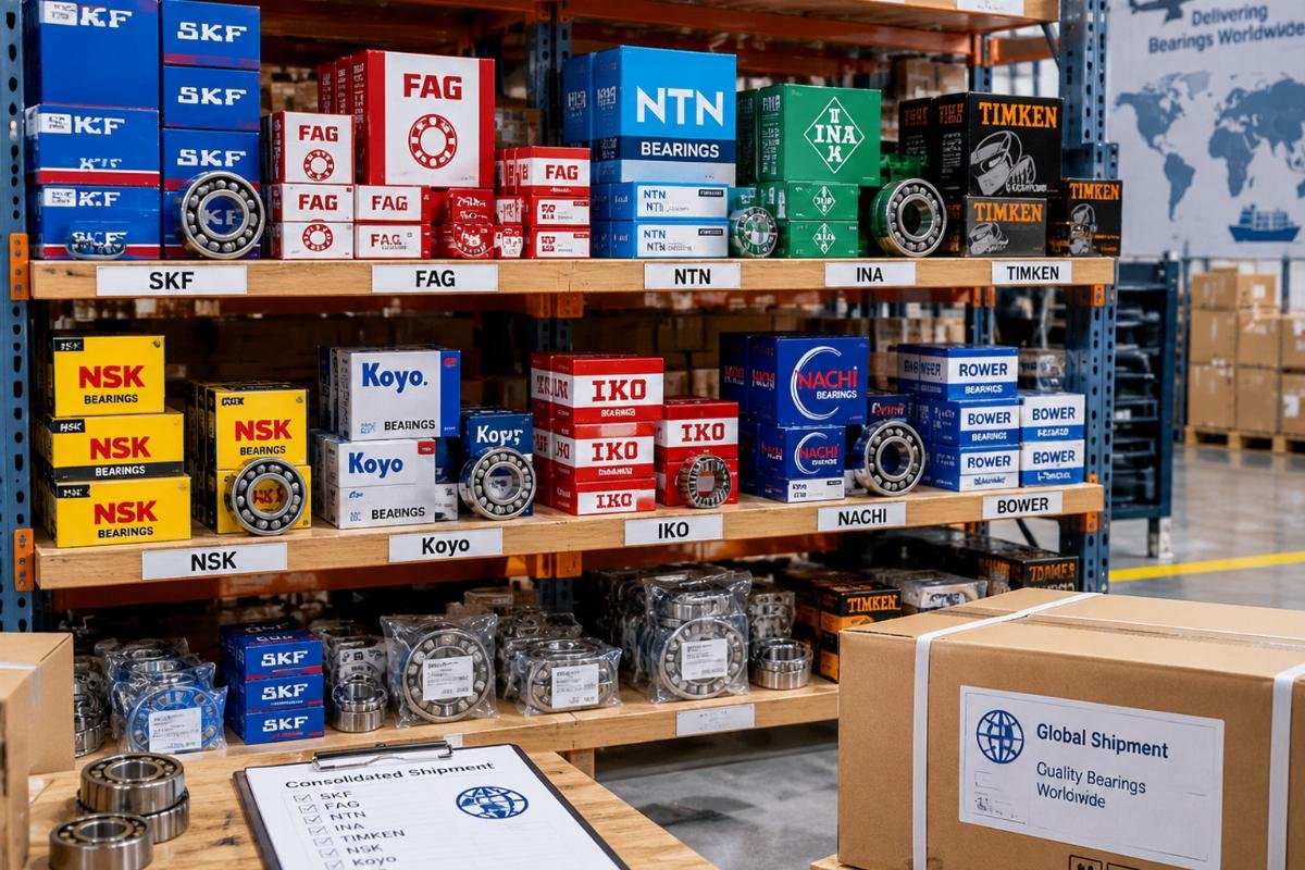 Warehouse shelf displaying a diverse mix of genuine bearing brands and sizes, ready for consolidated shipment to a global client
