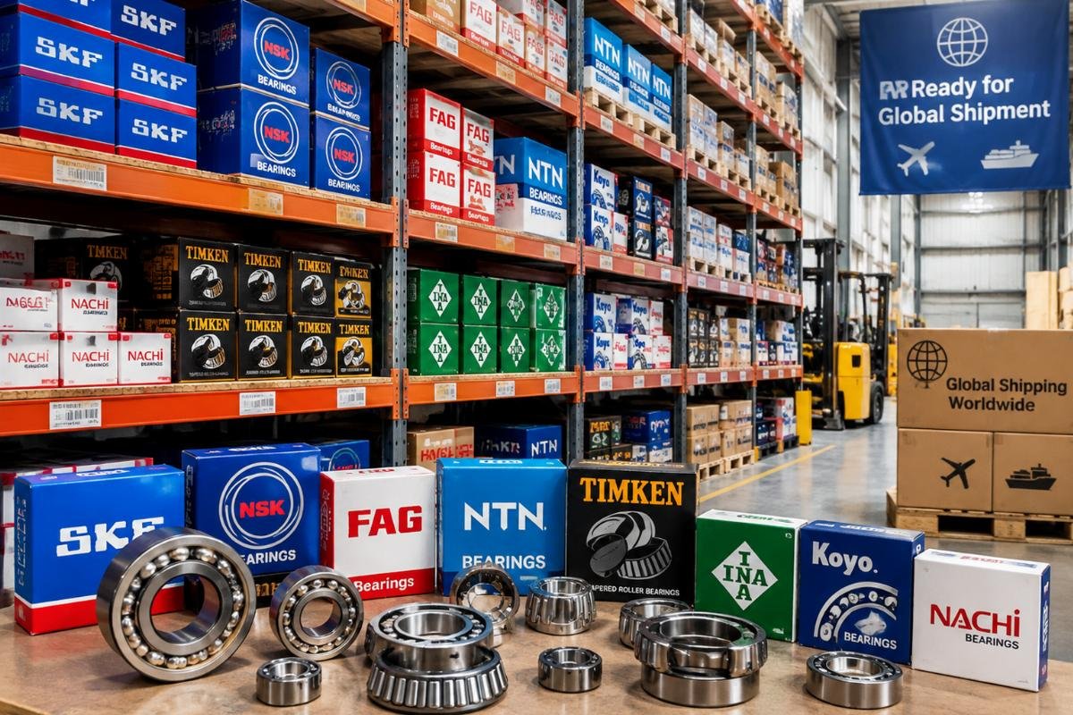 Warehouse shelves stocked with diverse genuine bearing brands ready for immediate global shipment