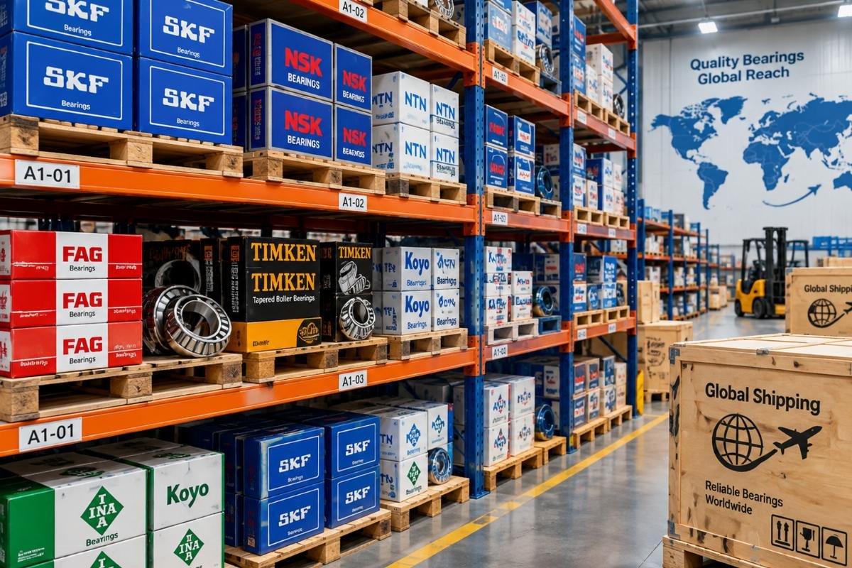 Warehouse shelves stocked with various branded heavy-duty bearings ready for global shipping