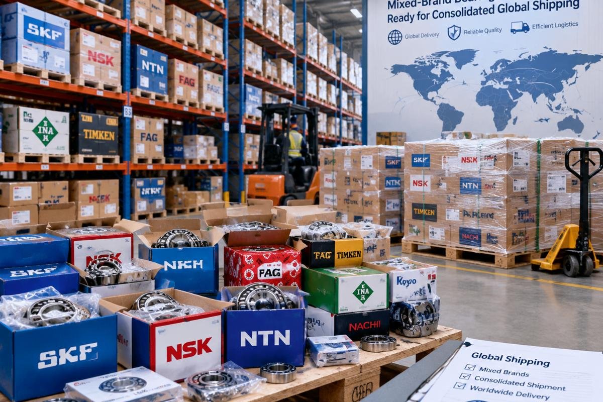 Warehouse view showing mixed-brand bearing inventory ready for consolidated global shipping