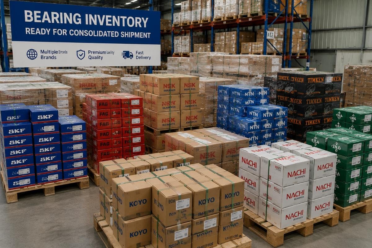 Warehouse view showing mixed-brand bearing inventory ready for consolidated shipment