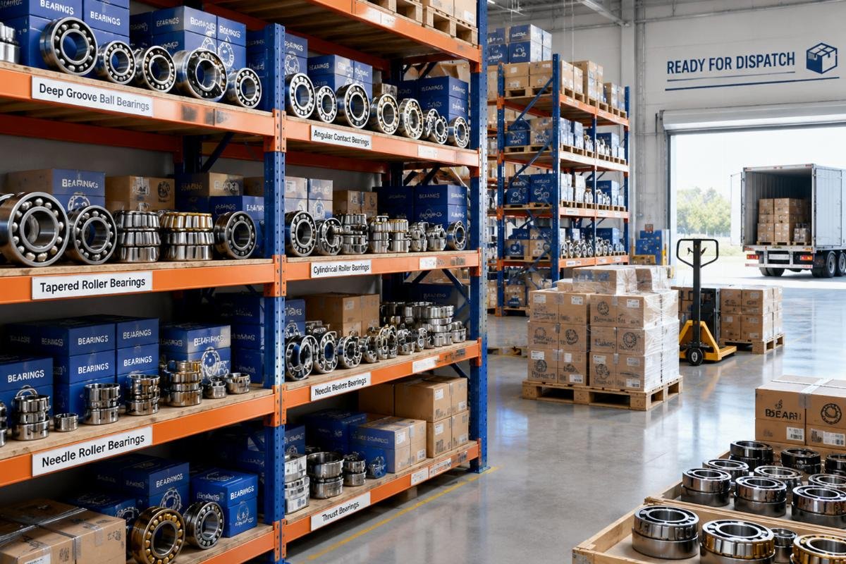 Warehouse with organized shelves of various bearing types ready for dispatch