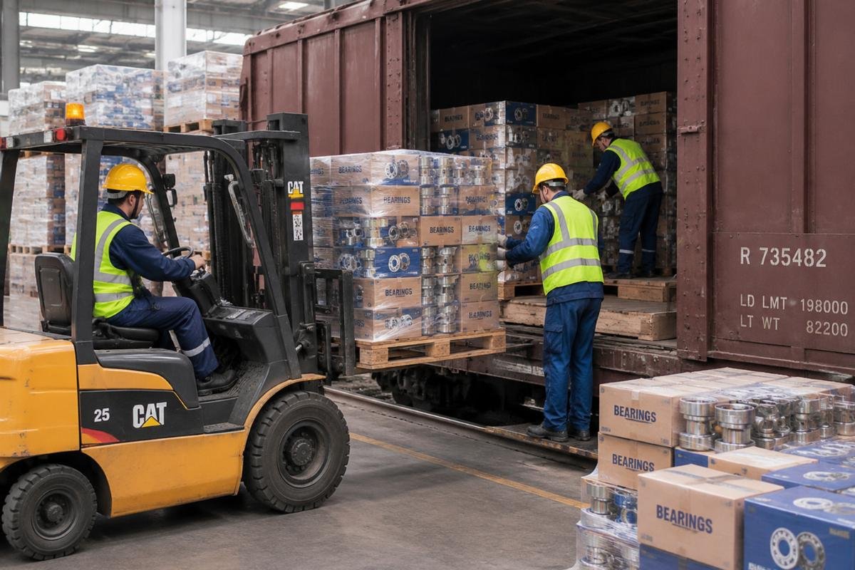 Warehouse workers loading mixed pallets of bearings onto a rail car