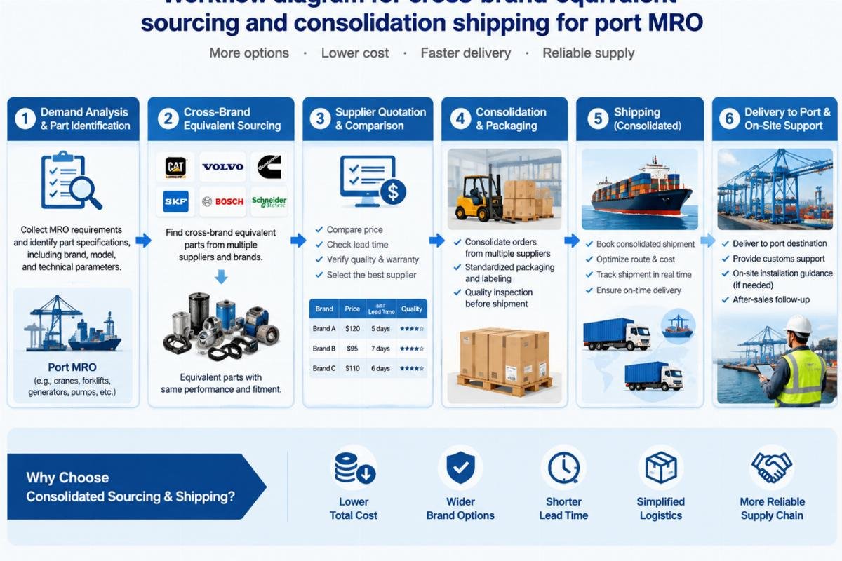 Workflow diagram for cross-brand equivalent sourcing and consolidation shipping for port MRO