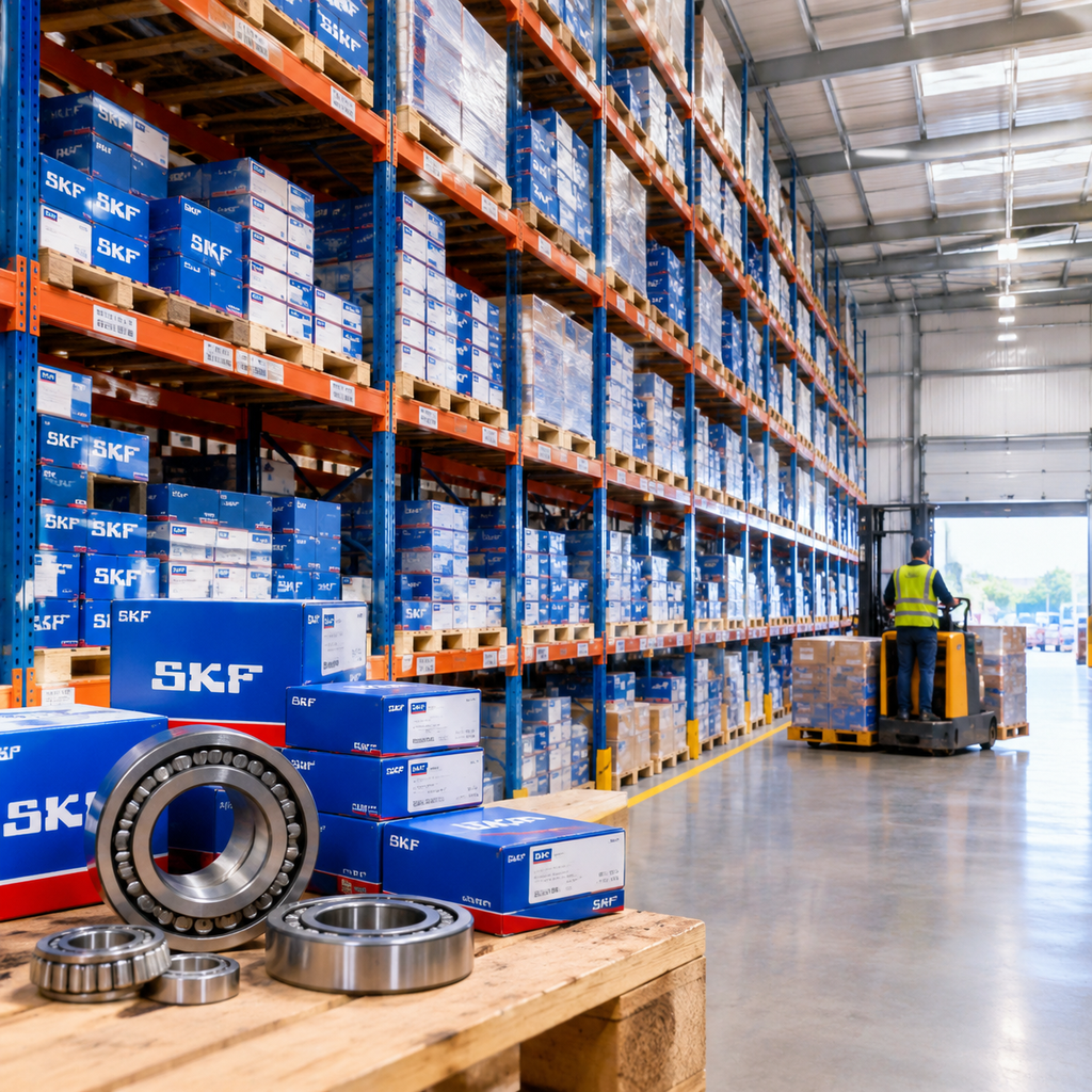 High-bay racking with SKF bearing stock in a European bonded warehouse