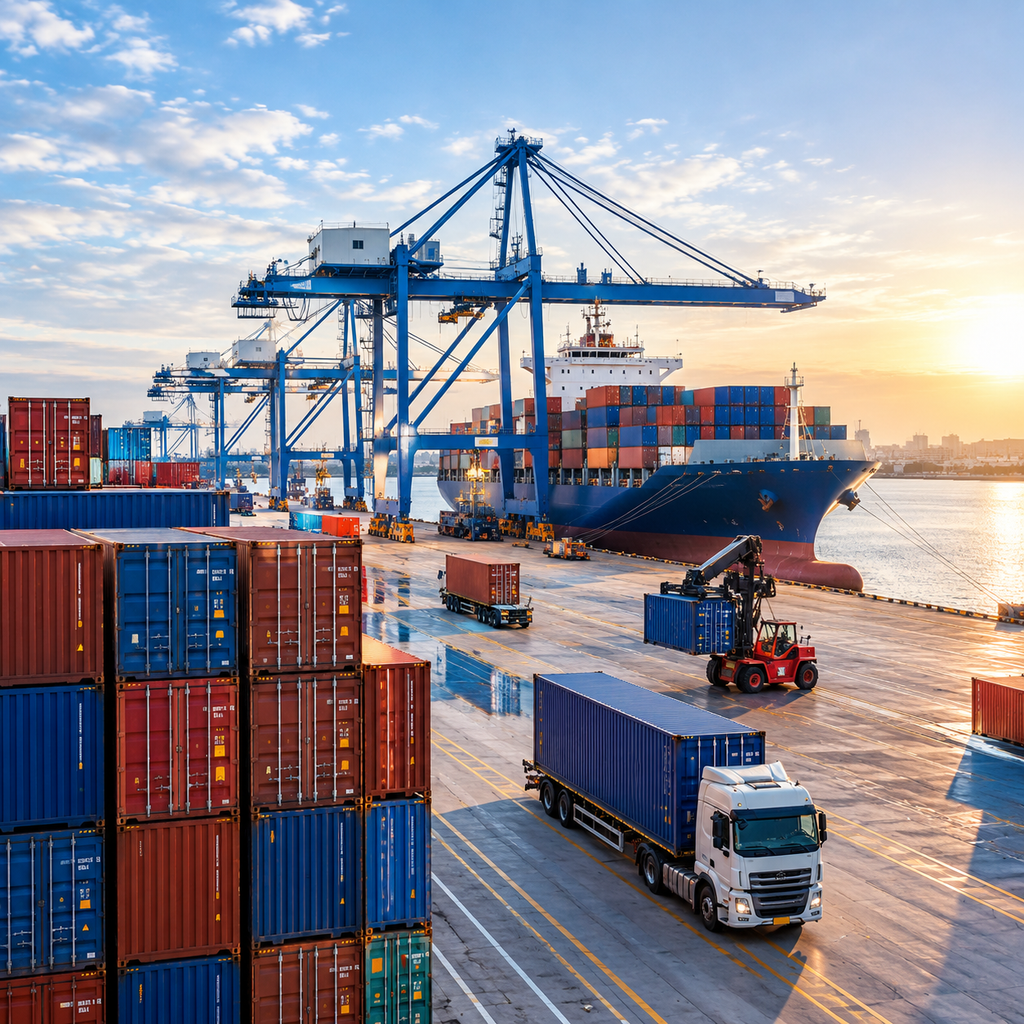 Shipping containers at a port logistics hub